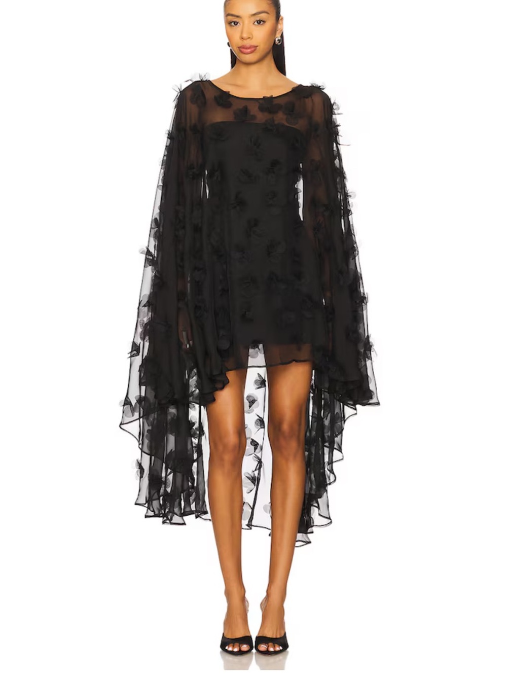 Selezza London Black Floral Appliqué Sheer Cape with strapless Mini Dress